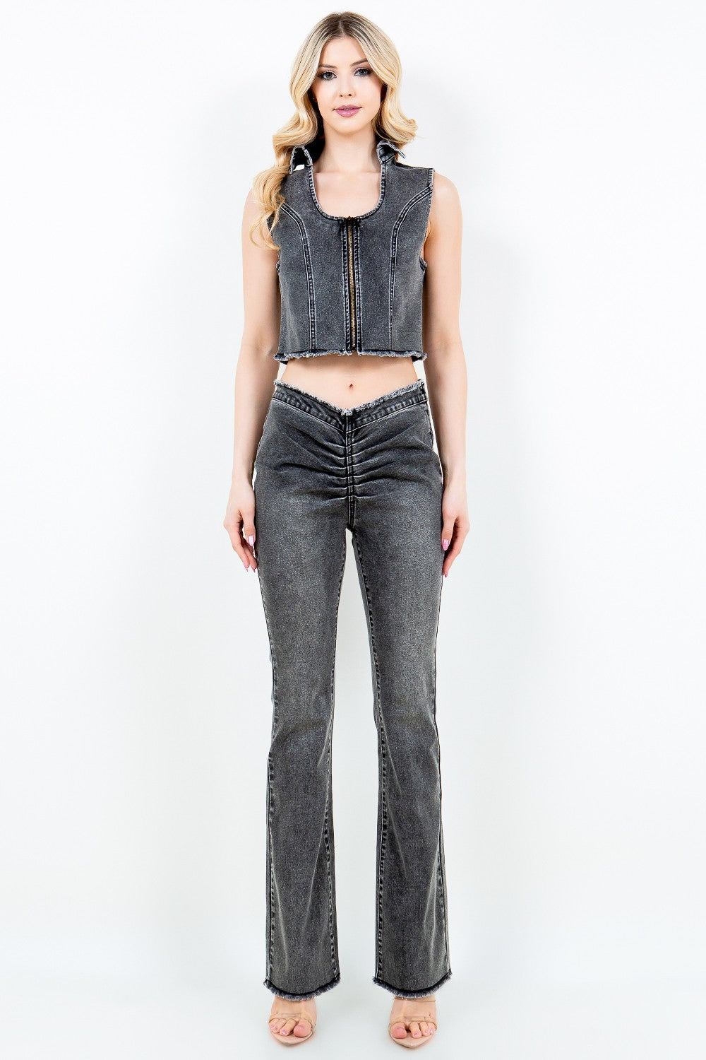 American Bazi V-Cut Ruched Flare Jeans