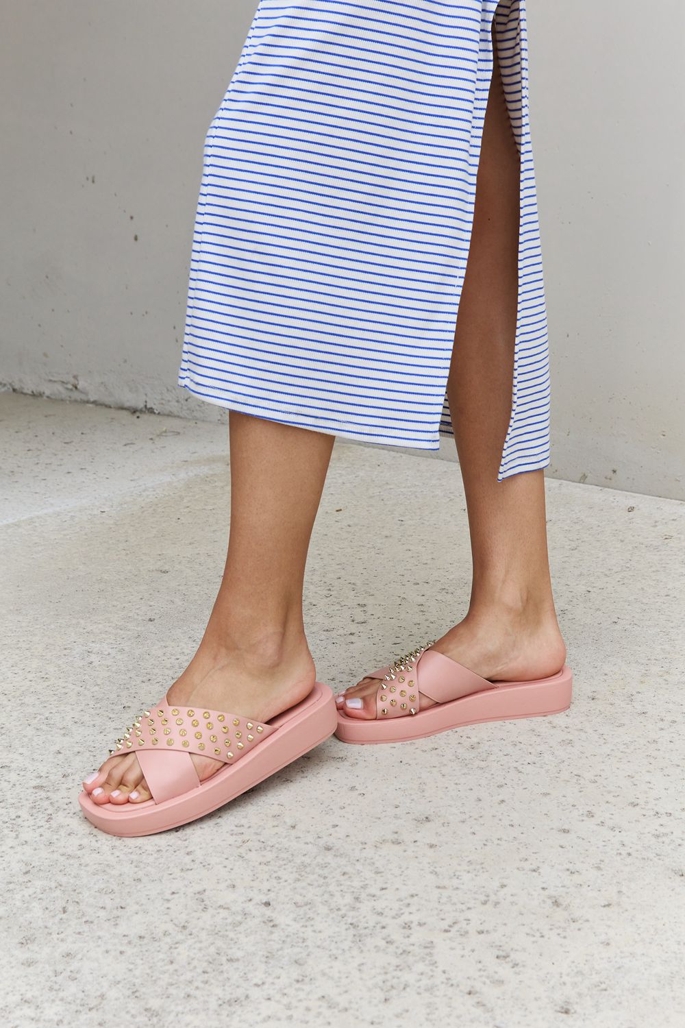 Forever Link Studded Cross Strap Sandals in Blush (6-8.5)