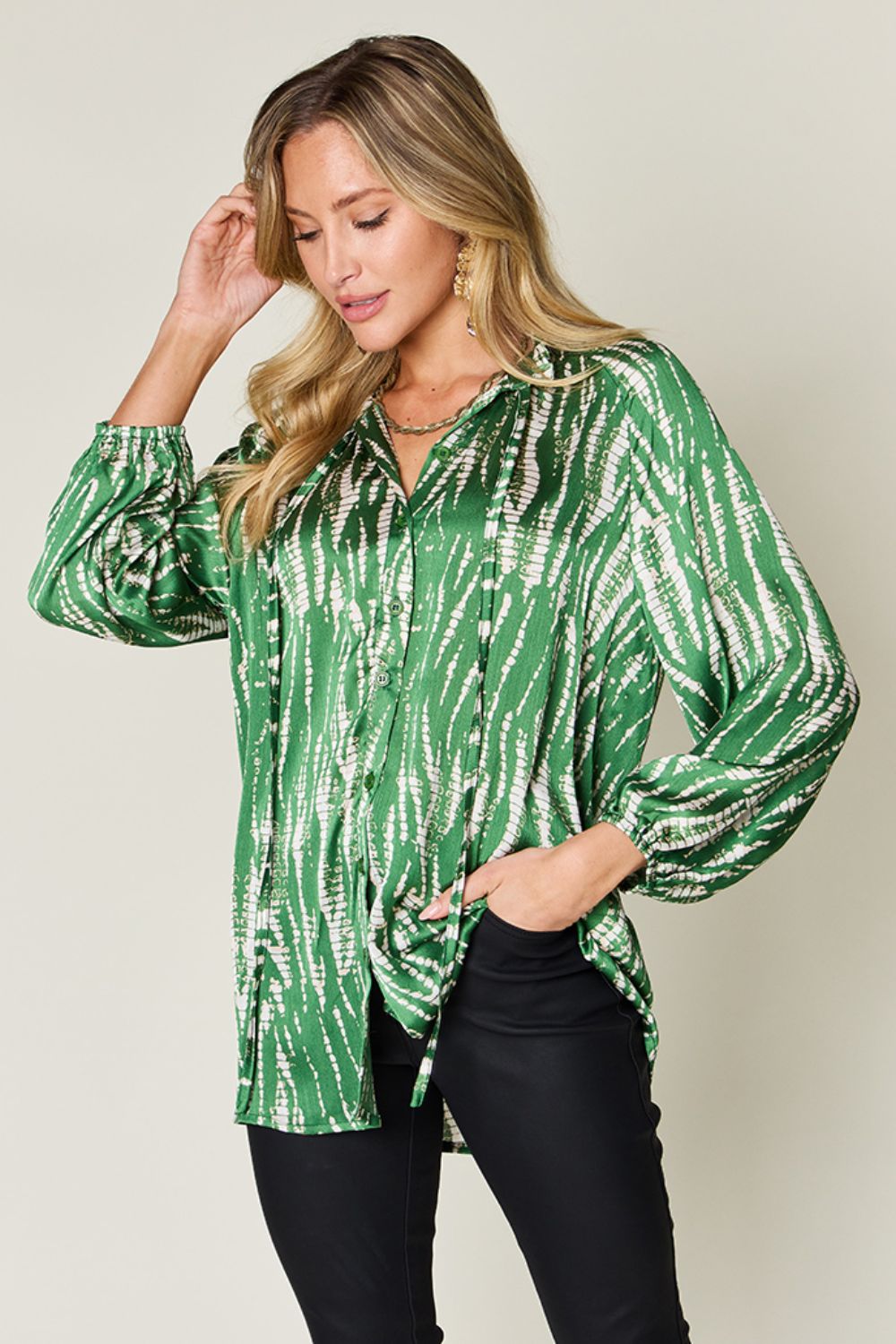 Double Take Full Size Printed Button Up Long Sleeve Shirt (Color Options)