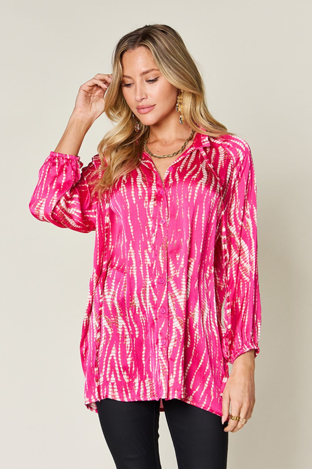 Double Take Full Size Printed Button Up Long Sleeve Shirt (Color Options)