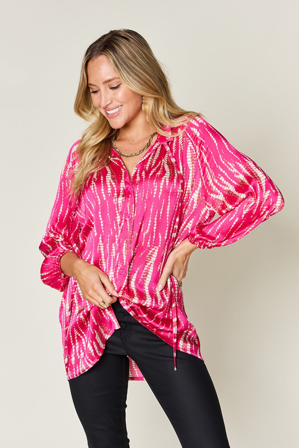 Double Take Full Size Printed Button Up Long Sleeve Shirt (Color Options)