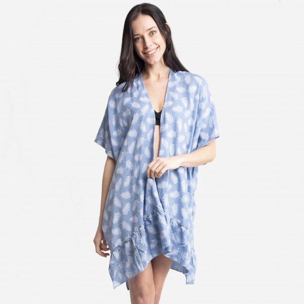 Women's Short Ruffle Palm Leaf Print Kimono in Blue or Pink