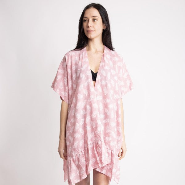 Women's Short Ruffle Palm Leaf Print Kimono in Blue or Pink