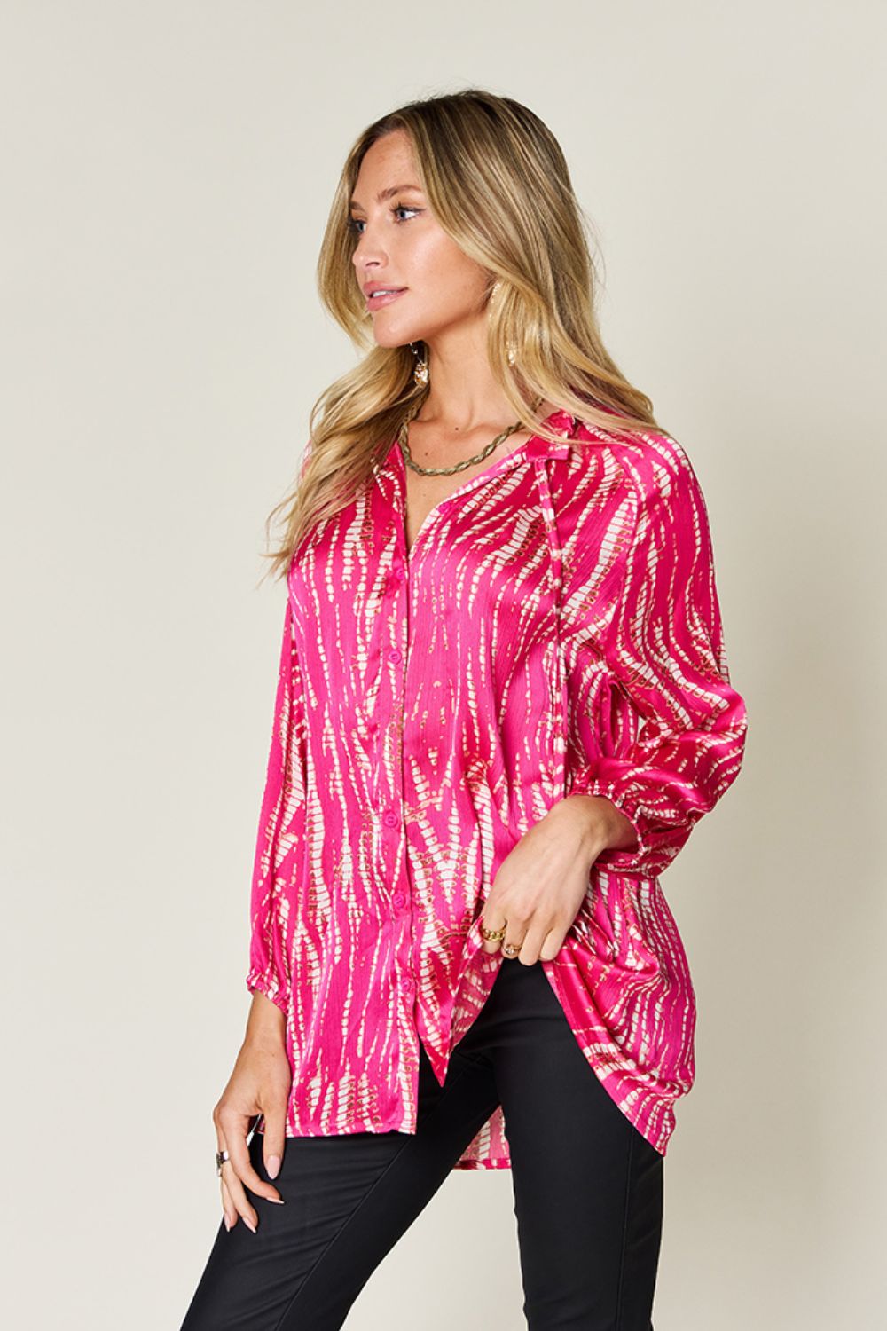 Double Take Full Size Printed Button Up Long Sleeve Shirt (Color Options)