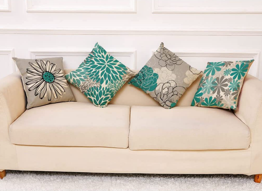 Set of Four Turquoise Pastoral Flower Pillowcases