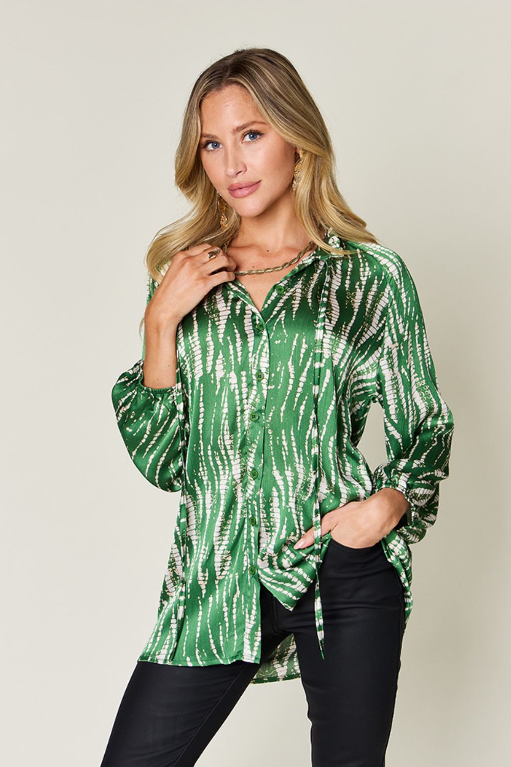 Double Take Full Size Printed Button Up Long Sleeve Shirt (Color Options)