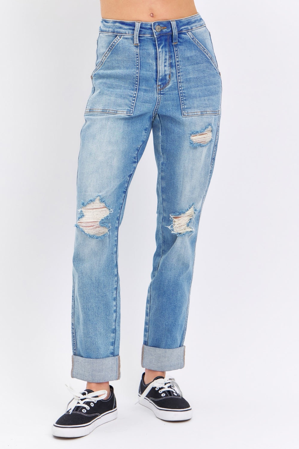 Judy Blue Full Size Distressed Straight Jeans with Patch Pockets