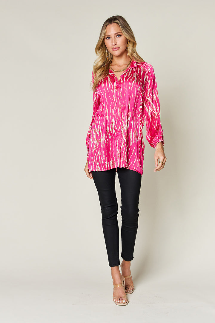 Double Take Full Size Printed Button Up Long Sleeve Shirt (Color Options)