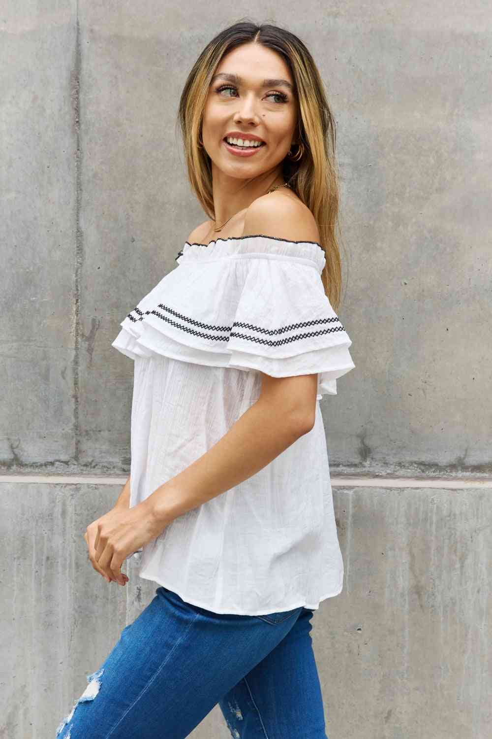 ODDI Full Size Off The Shoulder Ruffle Blouse (M or L)