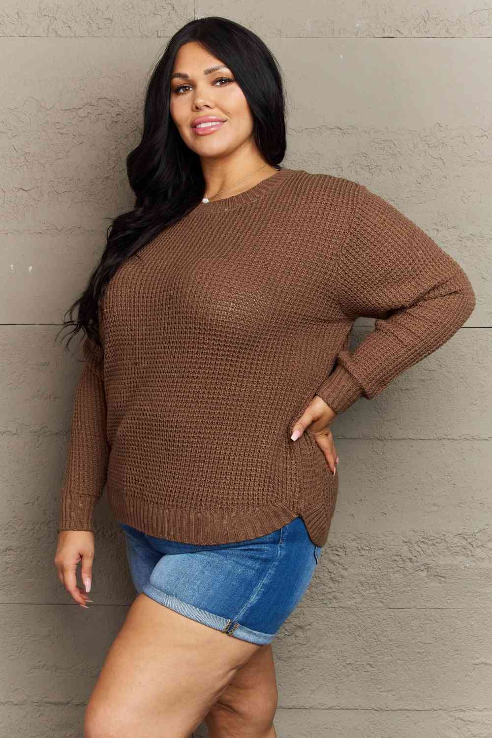 Zenana Breezy Days Plus Size High Low Waffle Knit Sweater (1x or 2x)