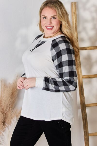 Hailey & Co Full Size Plaid Raglan Sleeve Round Neck Top