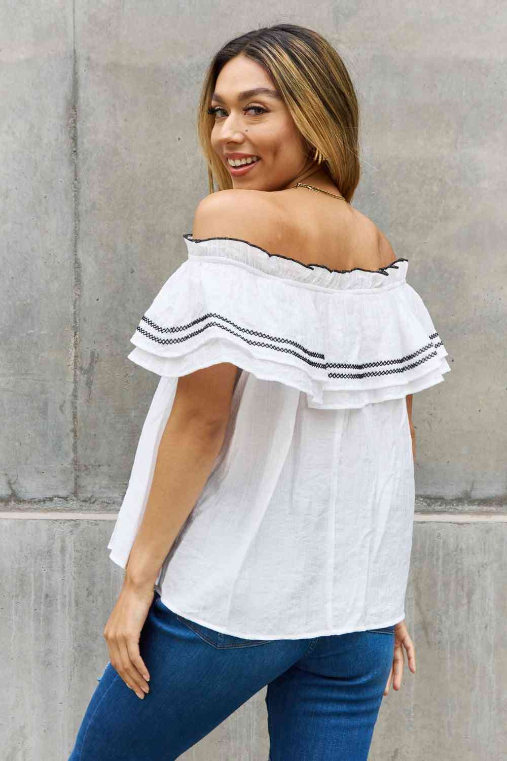 ODDI Full Size Off The Shoulder Ruffle Blouse (M or L)