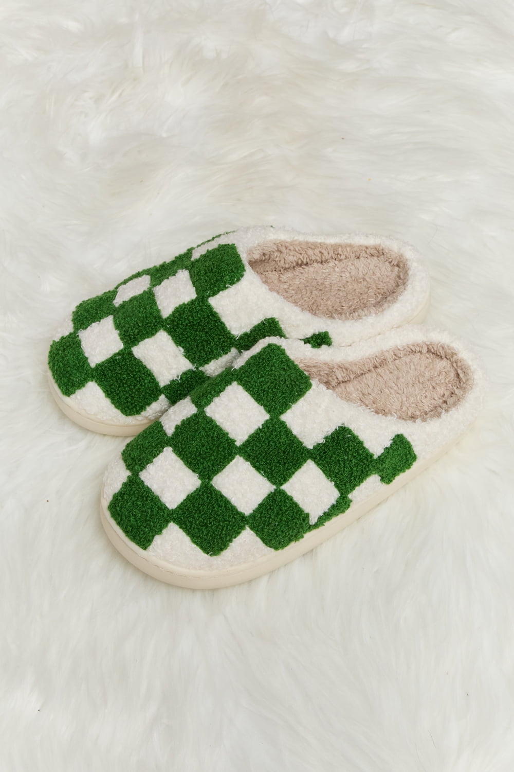 Melody Checkered Print Plush Slide Slippers (Color Options)