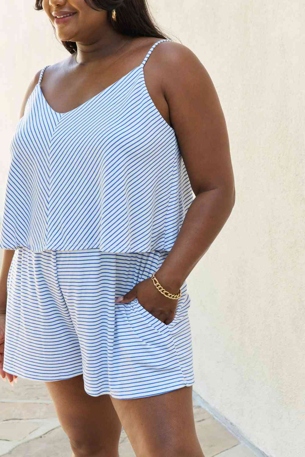 Culture Code Let It Happen Double Flare Striped Romper in Light Blue (S, M, L or 3x)