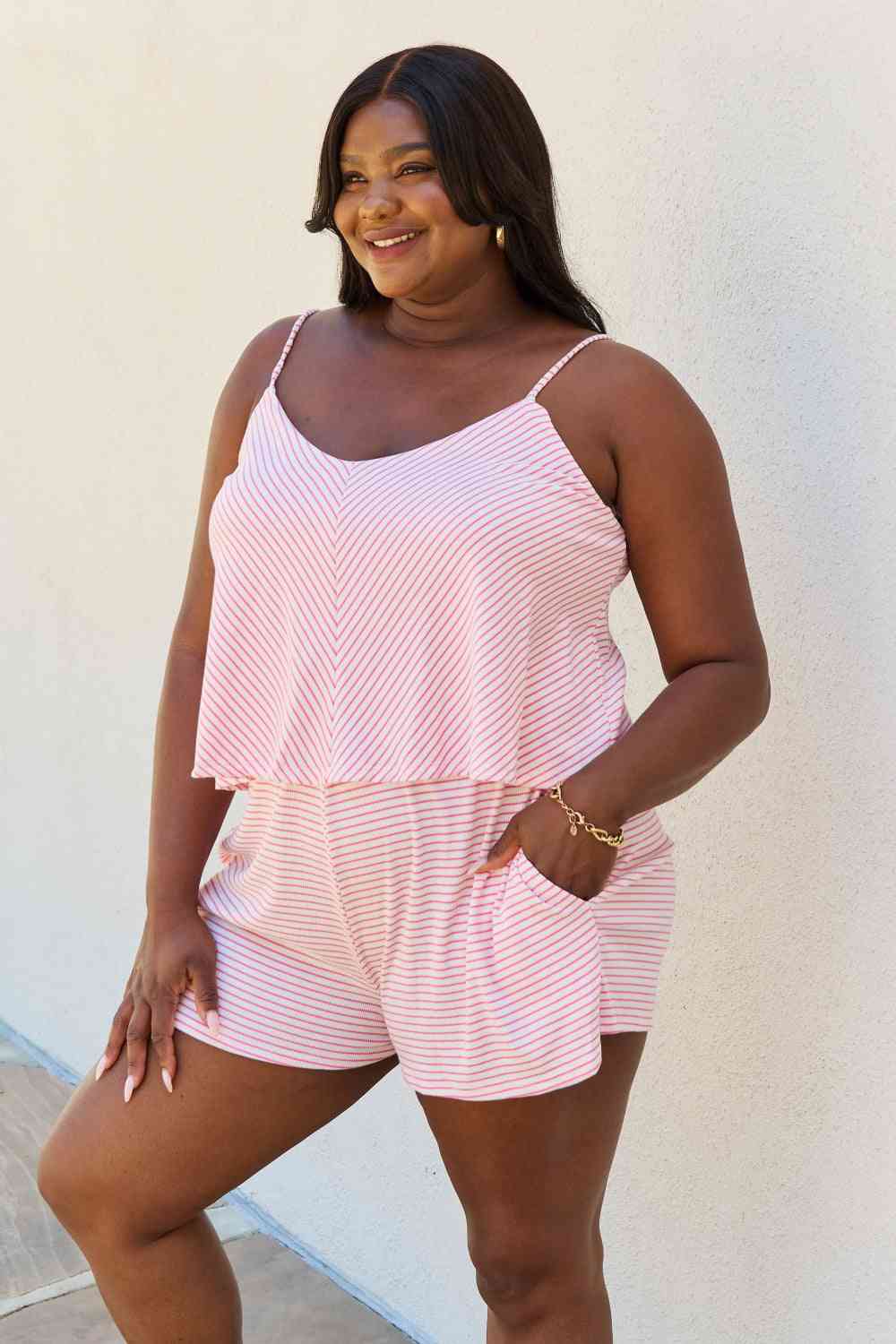 Culture Code Let It Happen Double Flare Striped Romper in Pink (M, L, 1x or 3x)