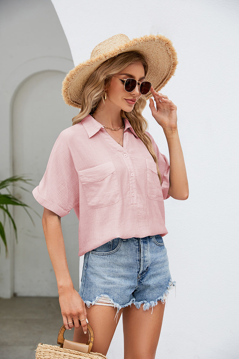 Half Button Johnny Collar Blouse (Color Options)