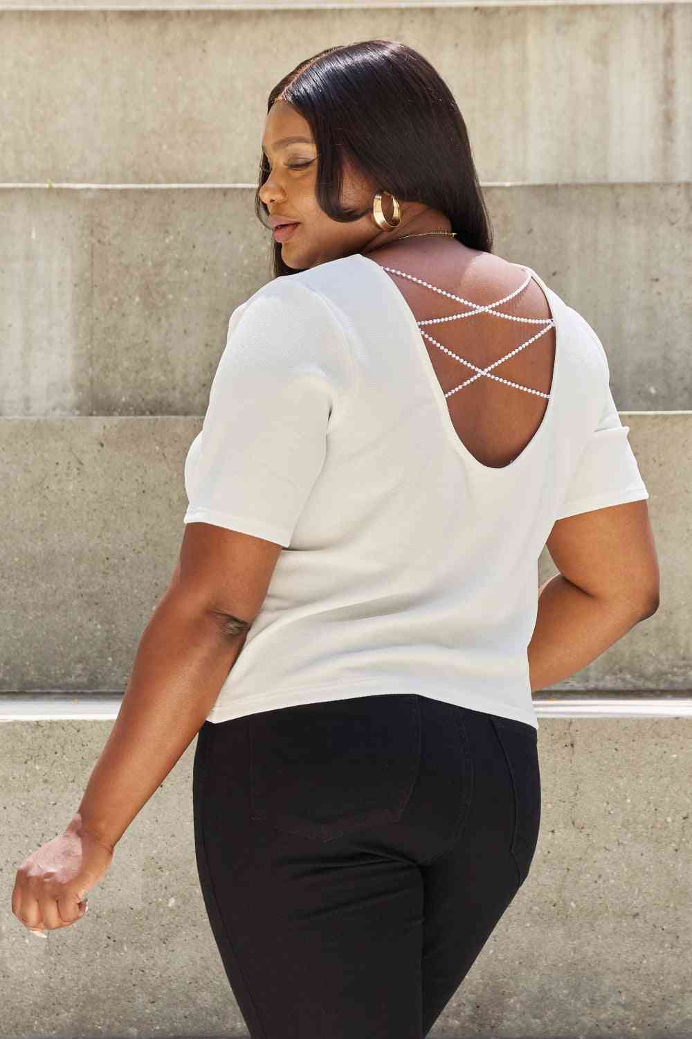 And The Why Pearly White Criss Cross Pearl Detail Open Back T-Shirt (M-3X)