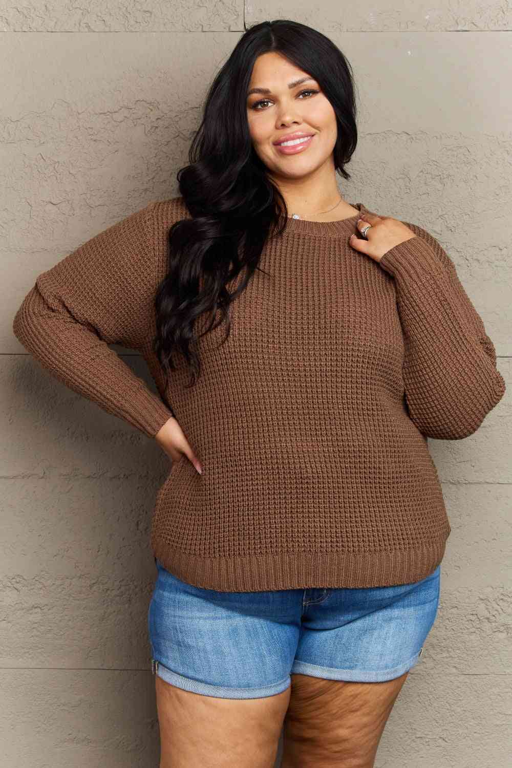 Zenana Breezy Days Plus Size High Low Waffle Knit Sweater (1x or 2x)