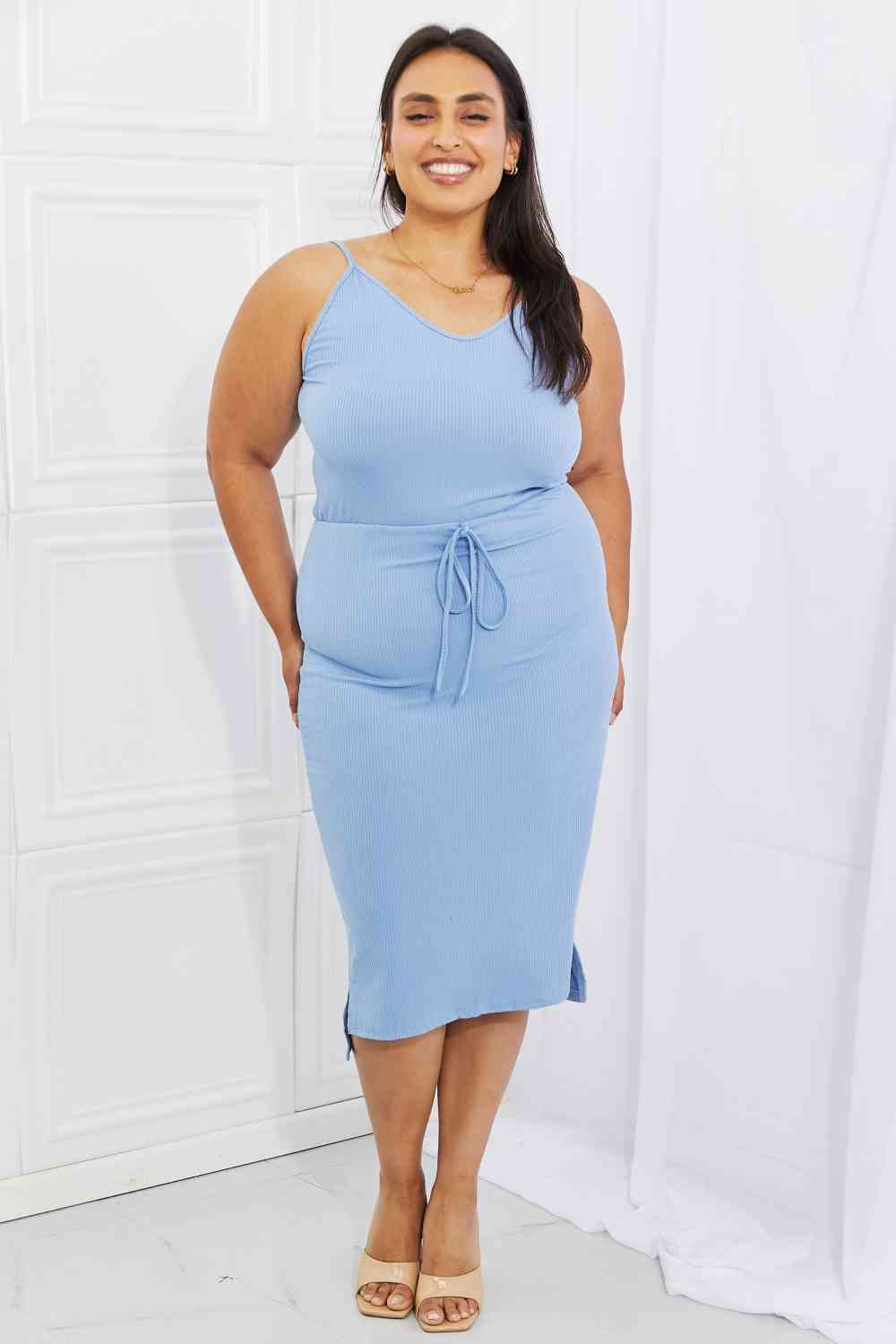 Capella Flatter Me Full Size Ribbed Front Tie Midi Dress in Pastel Blue (M, L, 1X, 2X or 3X)