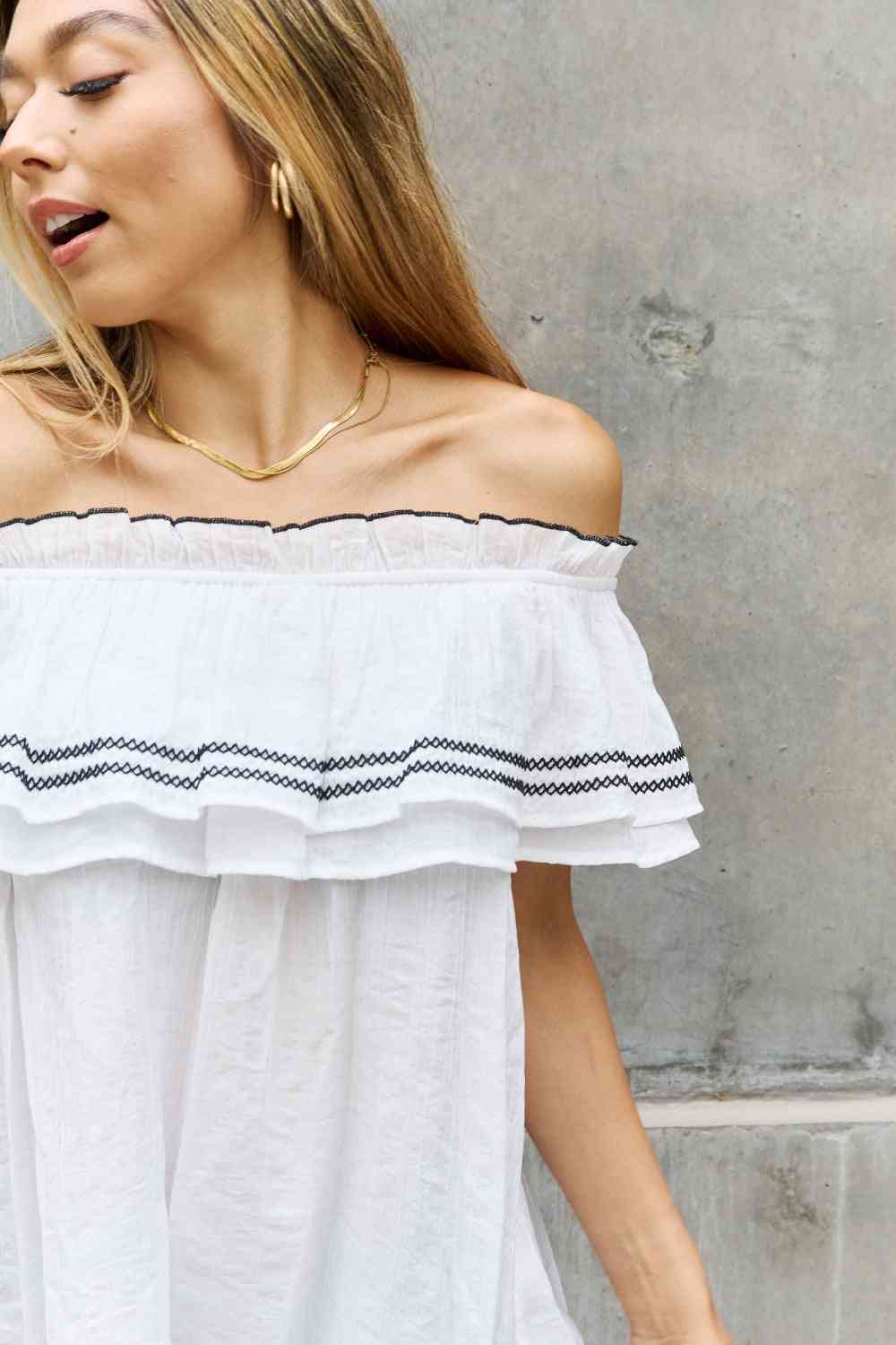 ODDI Full Size Off The Shoulder Ruffle Blouse (M or L)