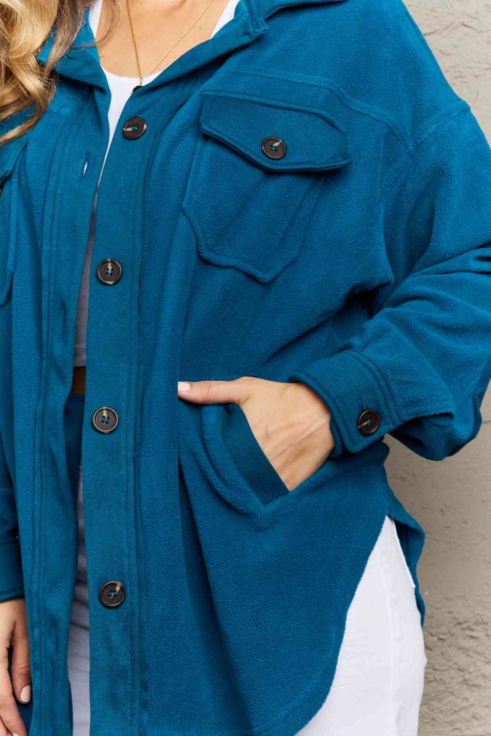 Zenana Cozy in the Cabin Fleece Elbow Patch Shacket in Teal (S or 1x)