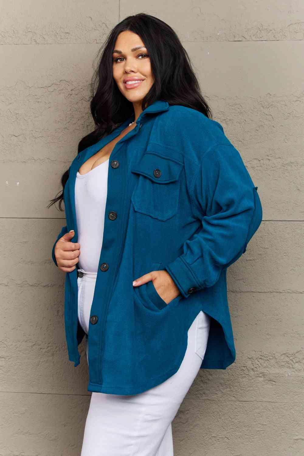 Zenana Cozy in the Cabin Fleece Elbow Patch Shacket in Teal (S or 1x)