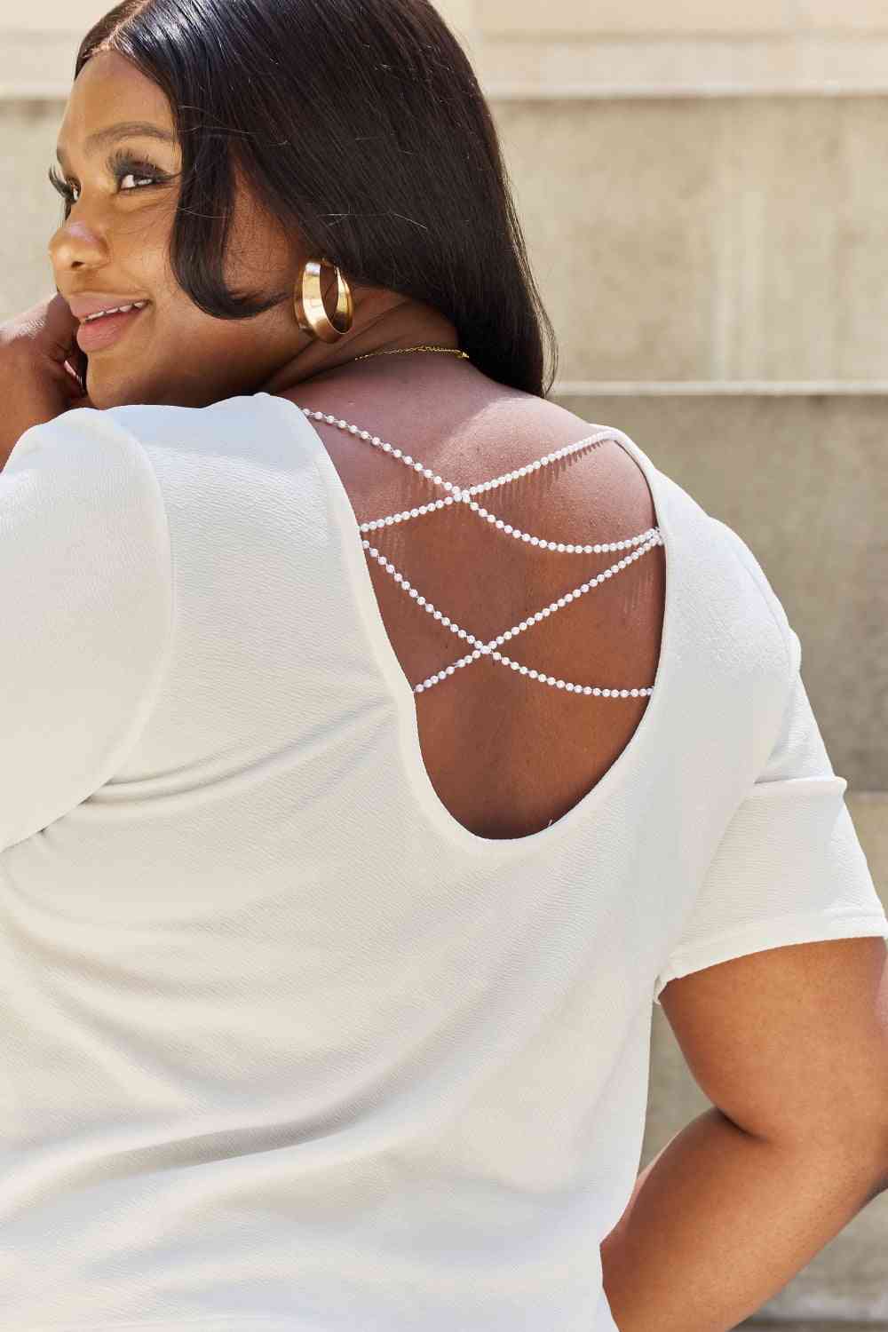 And The Why Pearly White Criss Cross Pearl Detail Open Back T-Shirt (M-3X)