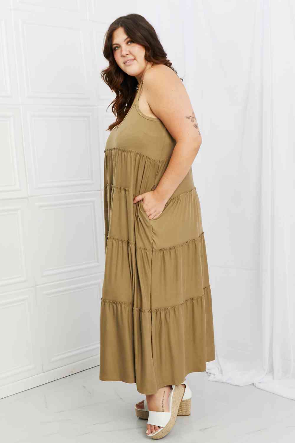 Zenana Full Size Spaghetti Strap Tiered Dress with Pockets in Khaki (S)