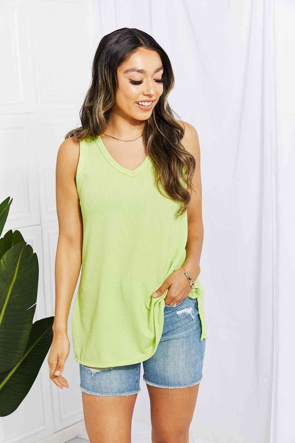 Blumin Apparel Chance of Sun Ribbed V-Neck Tank in Green (S, M or L)