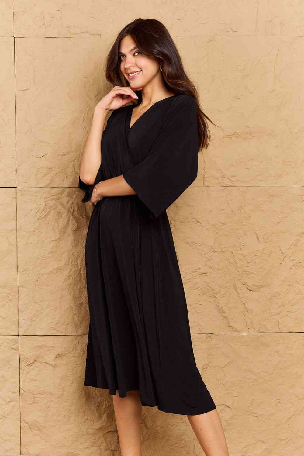 OneTheLand Make Your Move Solid Surplice Midi Dress (S or M)