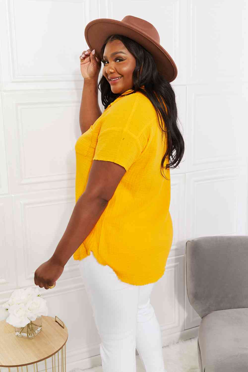 Zenana Full Size Summer Breeze Gauze Short Sleeve Shirt in Mustard (S, 1X or 3X)