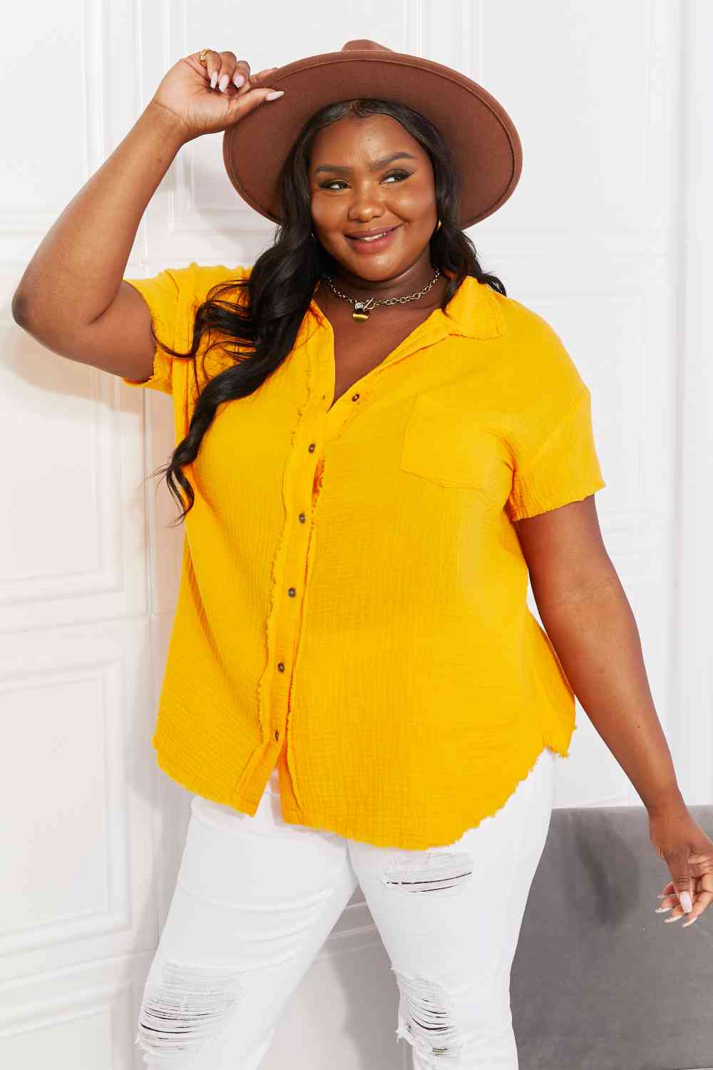 Zenana Full Size Summer Breeze Gauze Short Sleeve Shirt in Mustard (S, 1X or 3X)