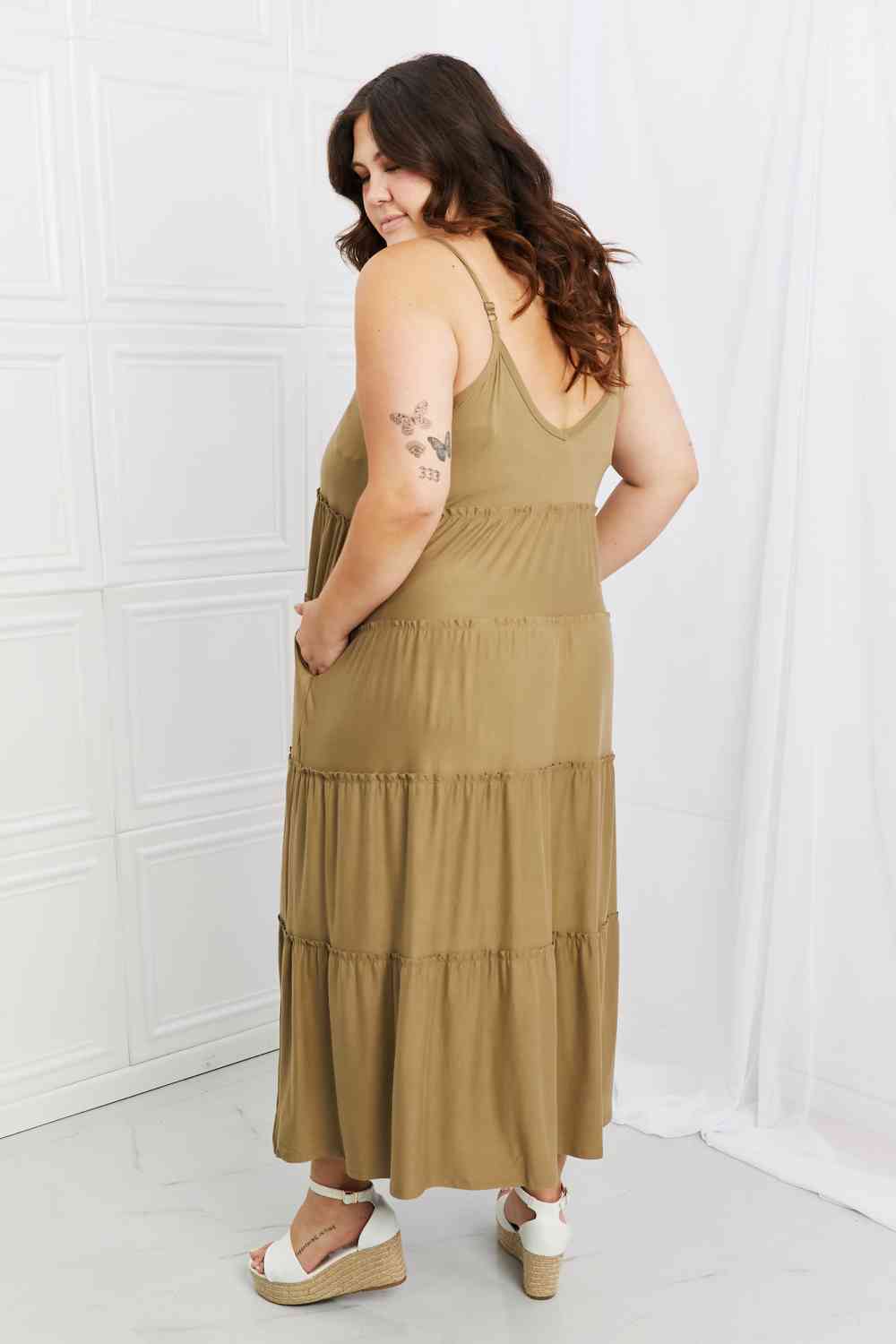 Zenana Full Size Spaghetti Strap Tiered Dress with Pockets in Khaki (S)