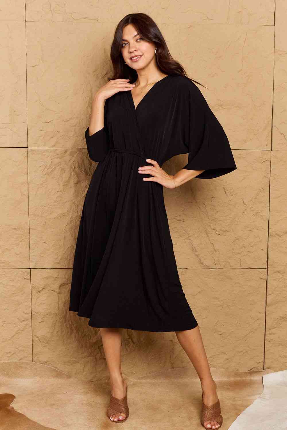 OneTheLand Make Your Move Solid Surplice Midi Dress (S or M)