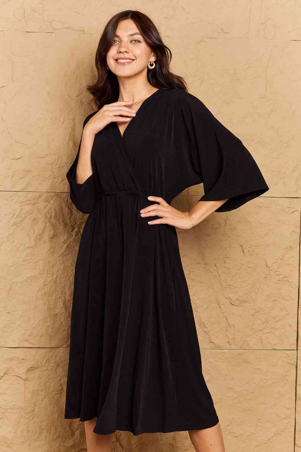 OneTheLand Make Your Move Solid Surplice Midi Dress (S or M)