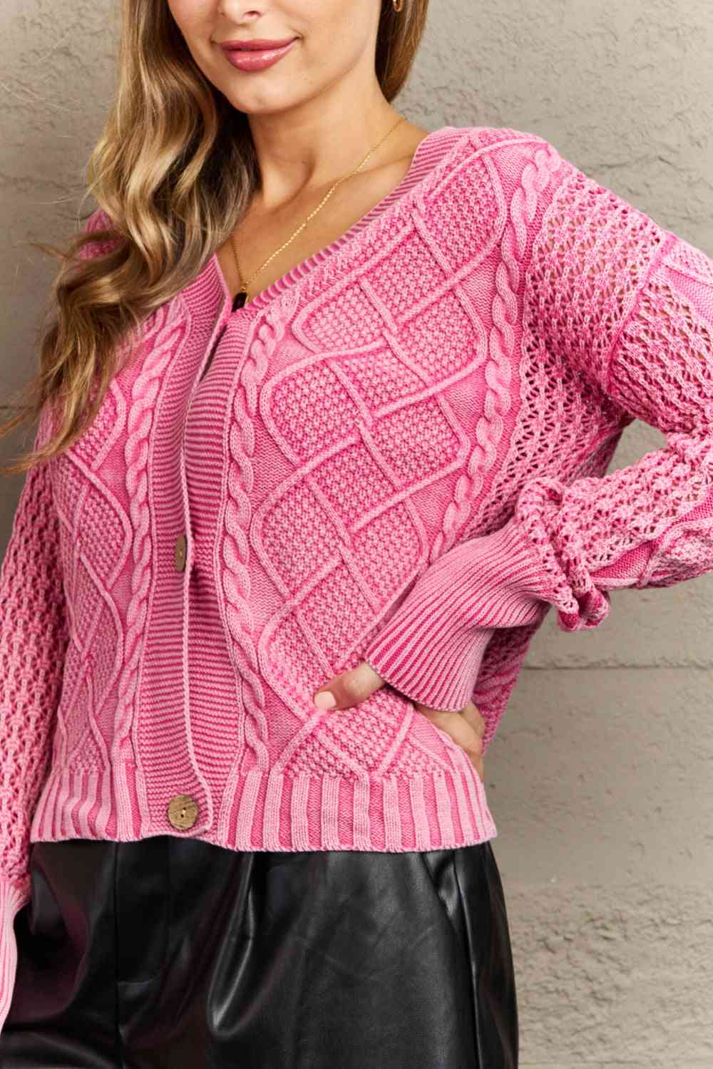 HEYSON Soft Focus Wash Cable Knit Cardigan in Fuchsia (M, L or 2x)