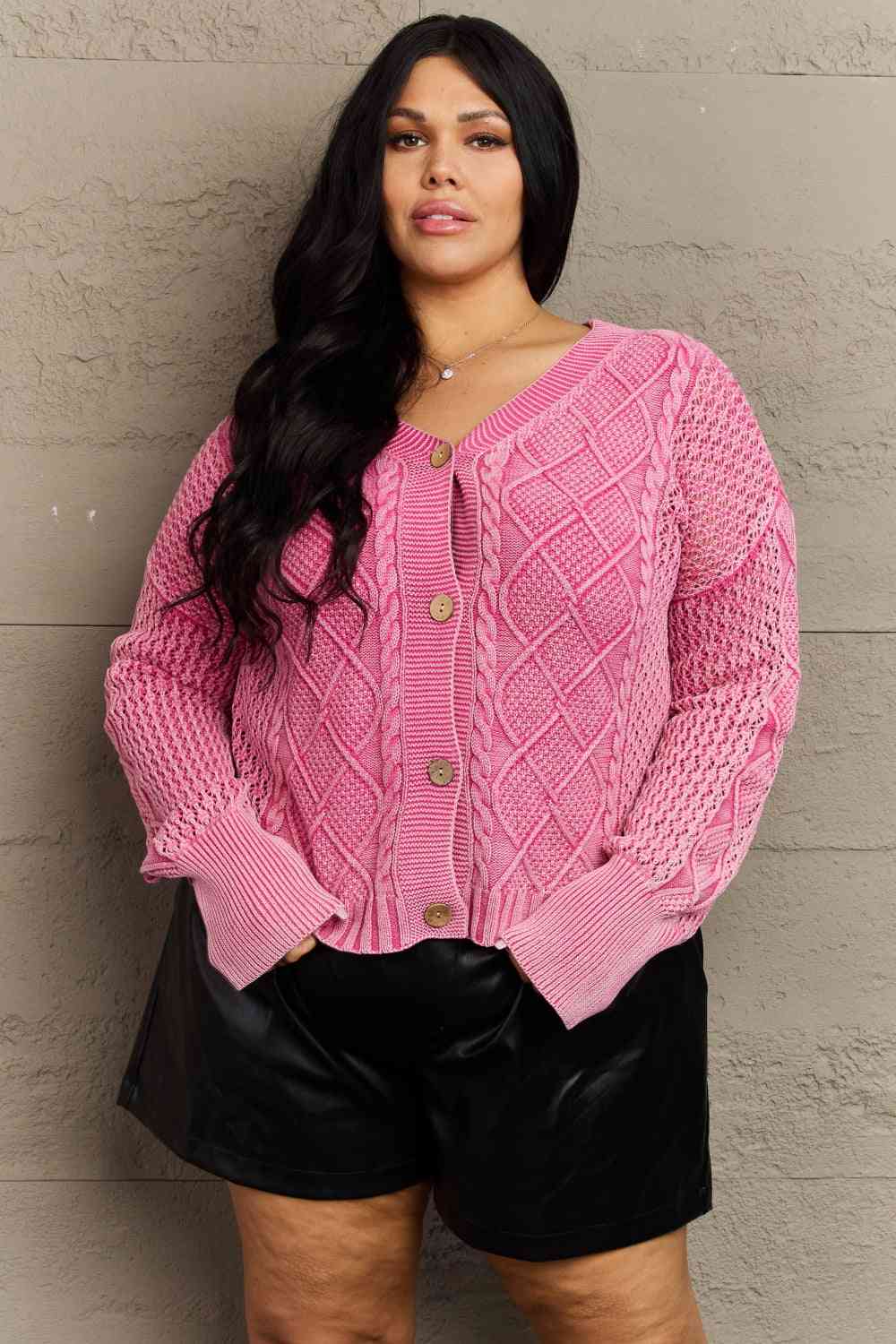 HEYSON Soft Focus Wash Cable Knit Cardigan in Fuchsia (M, L or 2x)