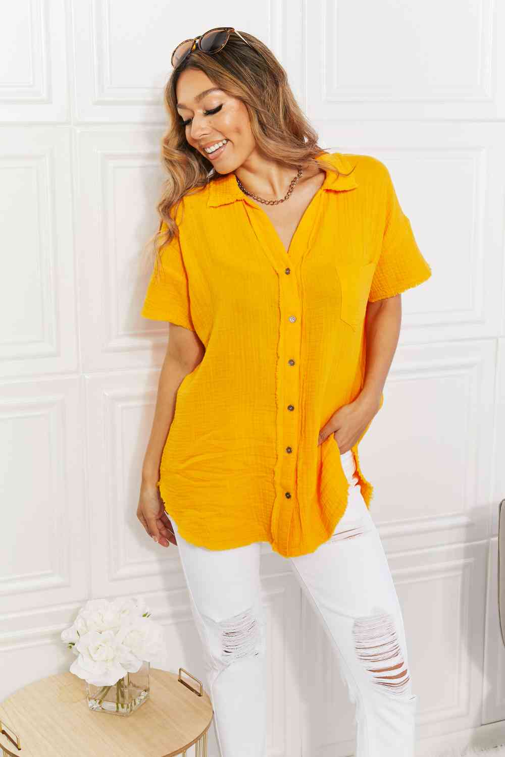 Zenana Full Size Summer Breeze Gauze Short Sleeve Shirt in Mustard (S, 1X or 3X)