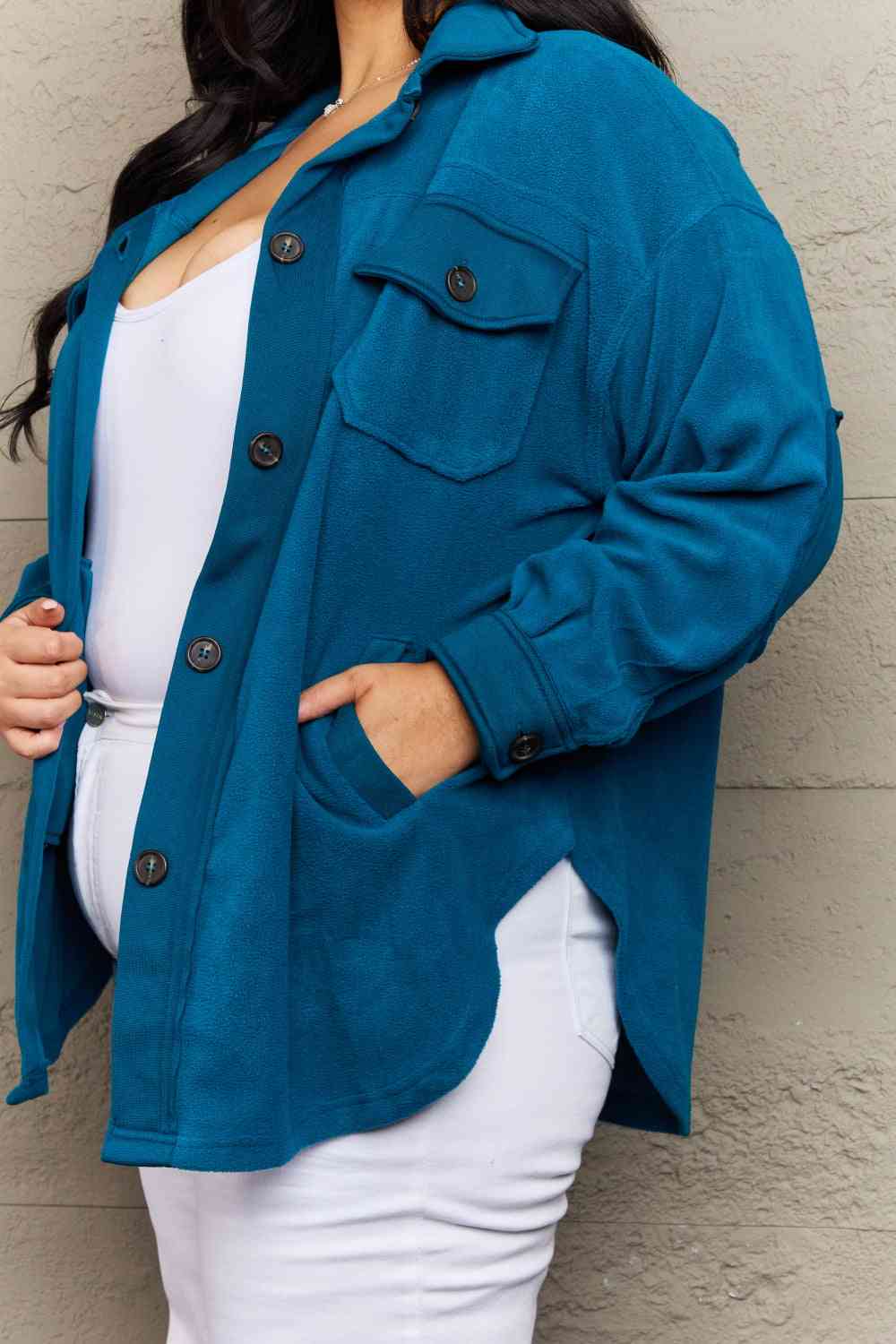 Zenana Cozy in the Cabin Fleece Elbow Patch Shacket in Teal (S or 1x)