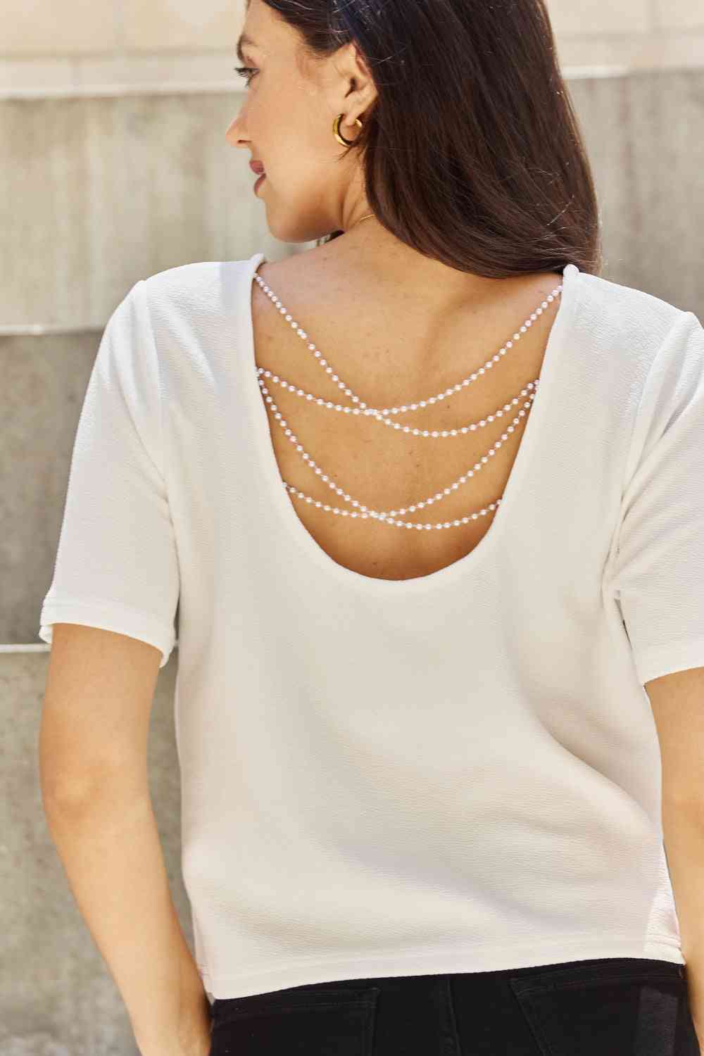 And The Why Pearly White Criss Cross Pearl Detail Open Back T-Shirt (M-3X)