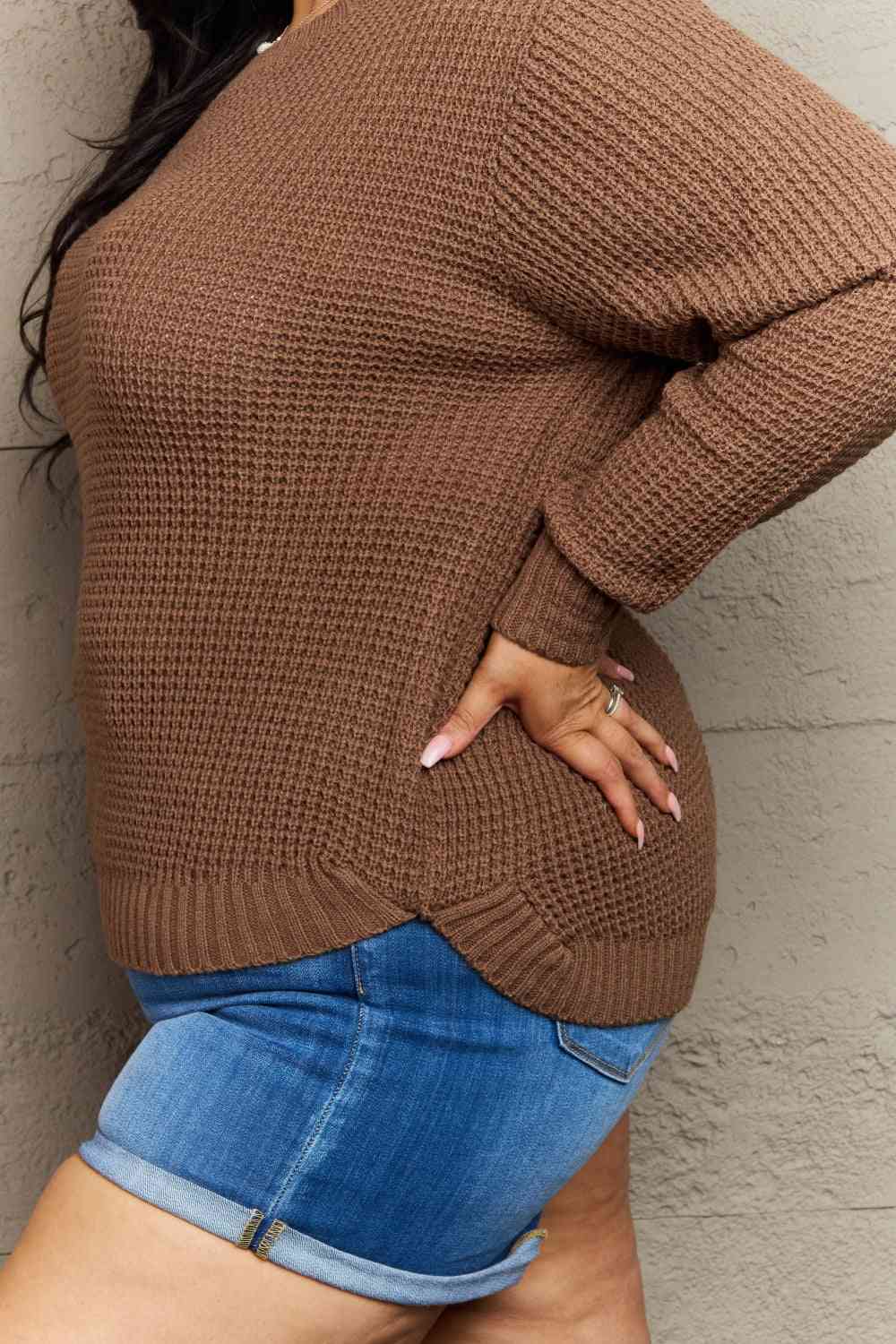 Zenana Breezy Days Plus Size High Low Waffle Knit Sweater (1x or 2x)