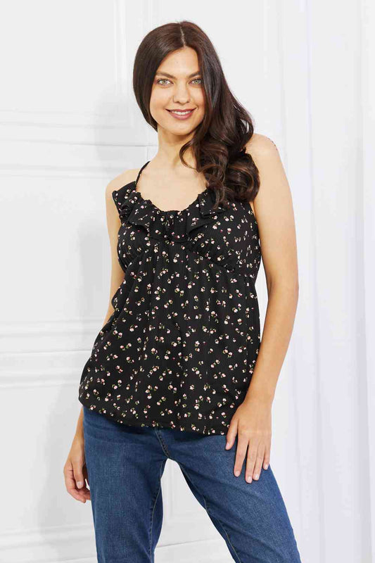 Culture Code Taste of Spring Ruffle Sleeveless Top in Black (M)