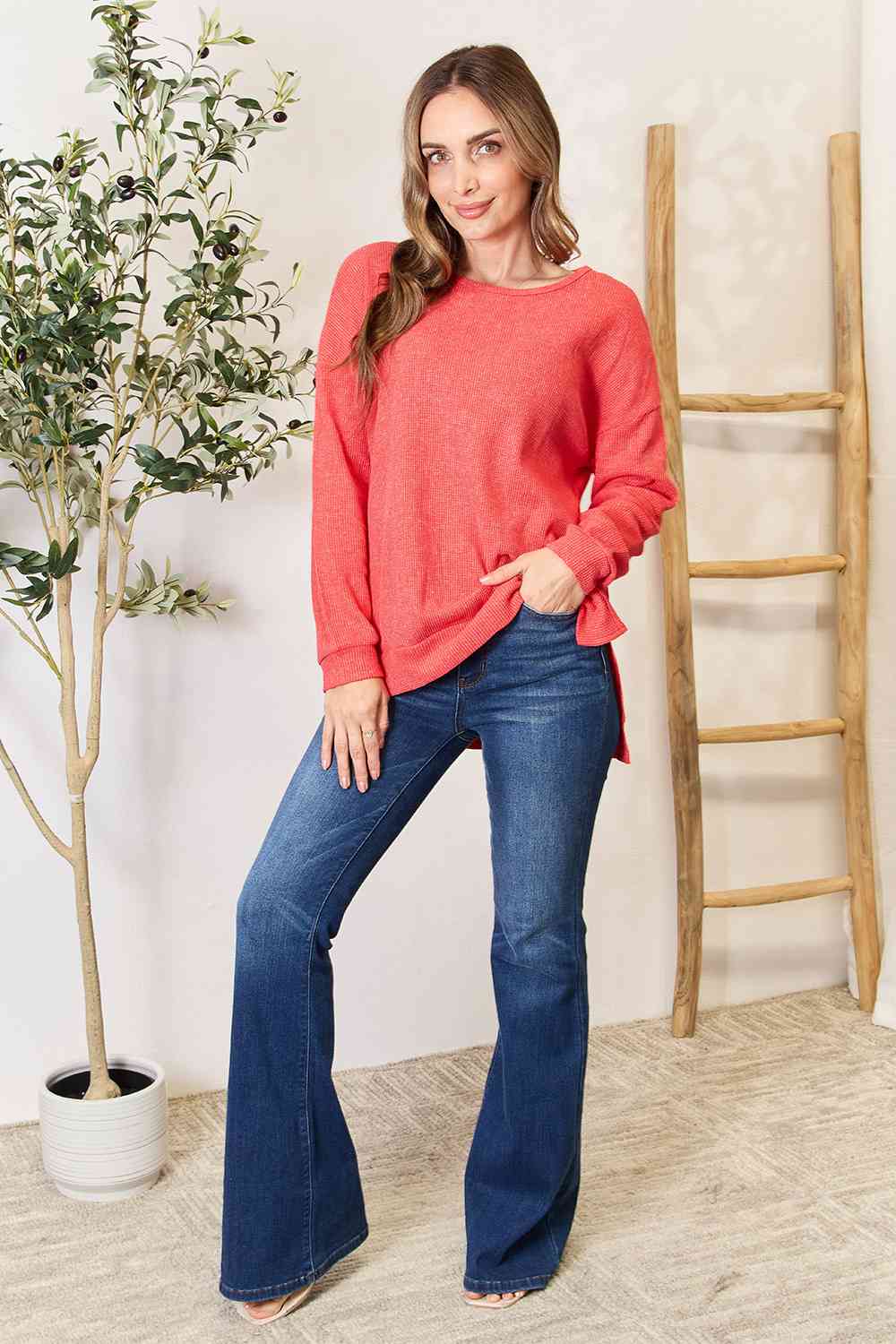 Basic Bae Round Neck Drop Shoulder Slit Sweatshirt (S or XL)