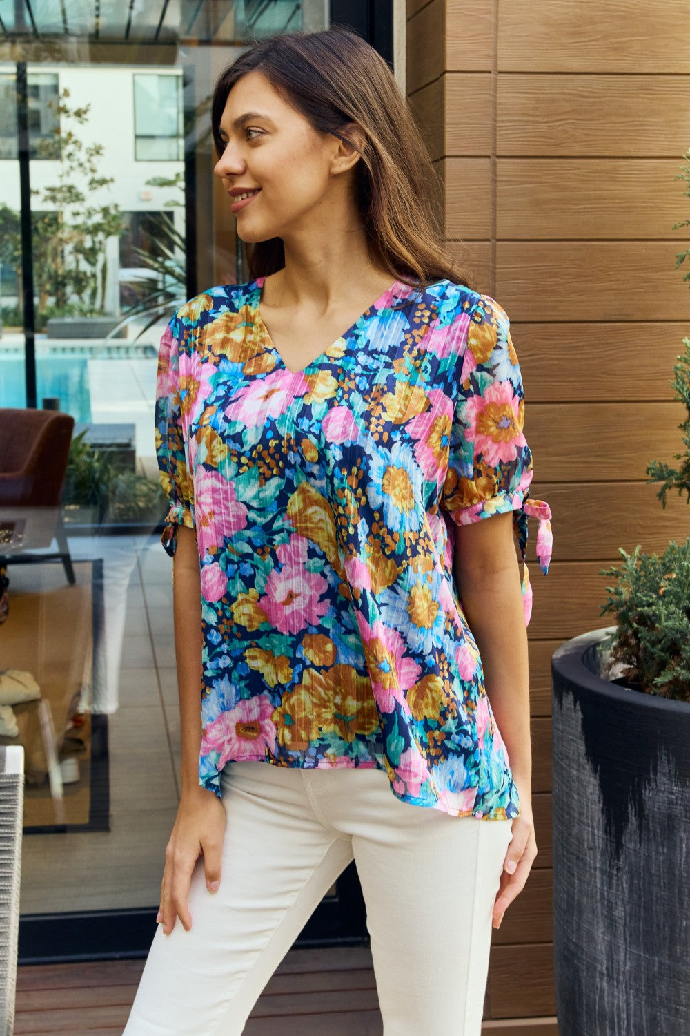 Petal Dew Full Size Floral V-Neck Tie Detail Blouse (S, M or 2x)