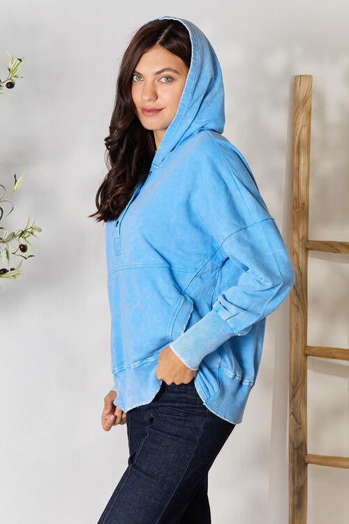 Zenana Half Snap Long Sleeve Hoodie with Pockets (S or M)