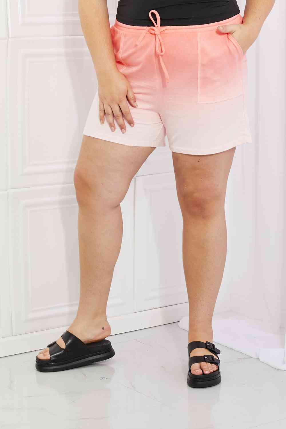 Zenana In The Zone Full Size Dip Dye High Waisted Shorts in Coral (XL, 1x  or 3x)