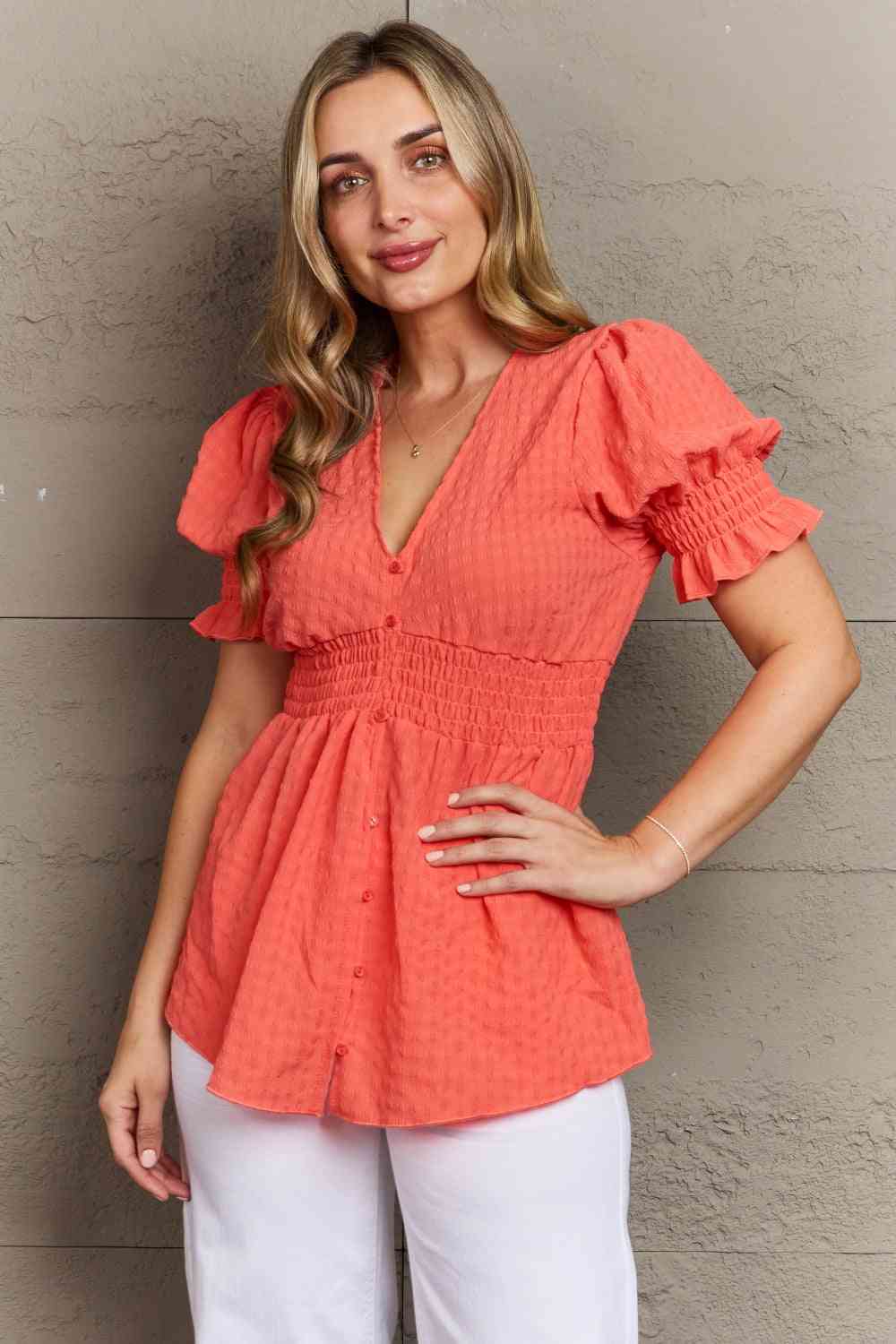 Culture Code Whimsical Wonders V-Neck Puff Sleeve Button Down Top (S-3x)