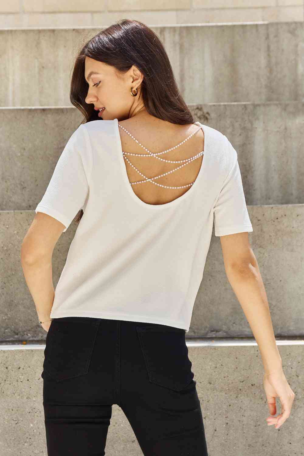 And The Why Pearly White Criss Cross Pearl Detail Open Back T-Shirt (M-3X)