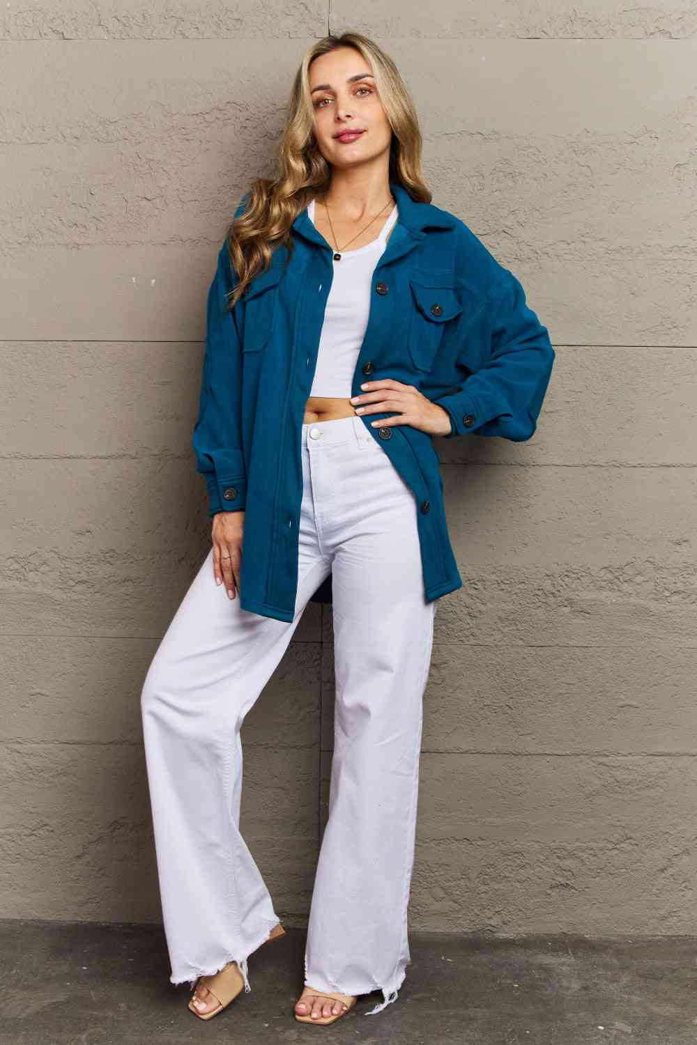 Zenana Cozy in the Cabin Fleece Elbow Patch Shacket in Teal (S or 1x)