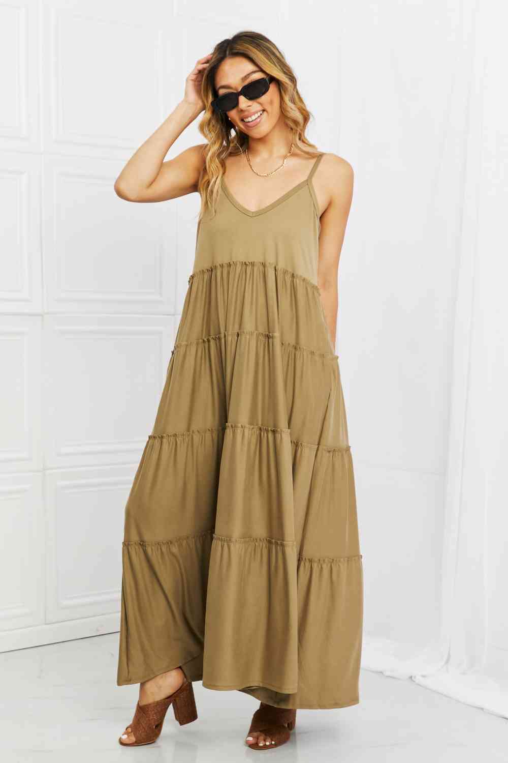 Zenana Full Size Spaghetti Strap Tiered Dress with Pockets in Khaki (S)